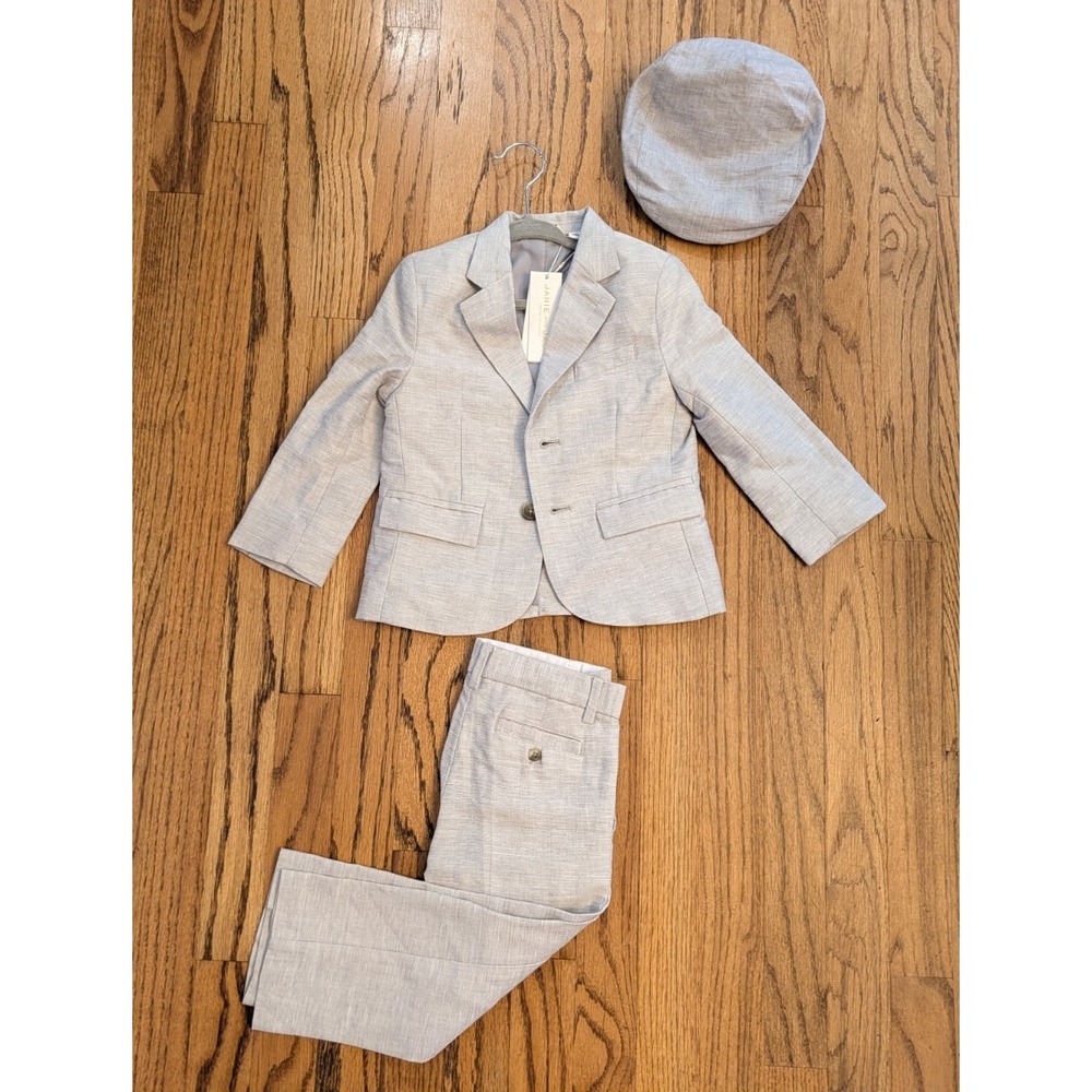 Janie and Jack Boys 2T 3-Piece Suit Set Grey Blazer Pants Cap Outfit Linen Blend